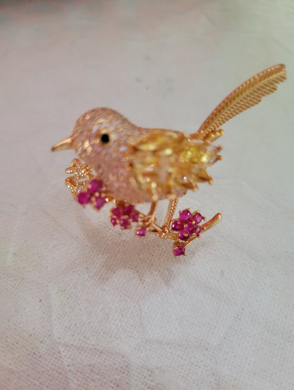 Gold and Pink Bird Ring with Pink Crystal Accents